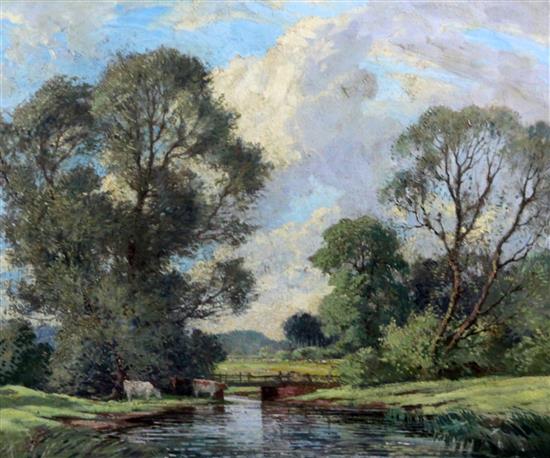 § Percy Lancaster (1878-1951) River landscape with cattle beside a bridge 20 x 24in.